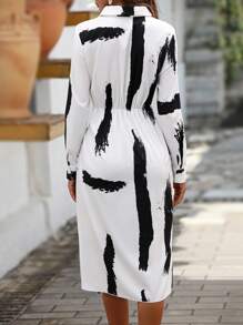 SHEIN LUNE Brush Print Knot Side Wrap Hem Shirt Dress - White - View 2