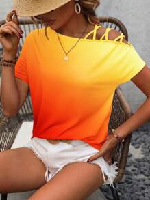 SHEIN LUNE 渐变色镂空不对称领口 T 恤图案 T 恤女式上衣 - 橘色 - 查看 1