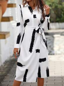 SHEIN LUNE Brush Print Knot Side Wrap Hem Shirt Dress - White - View 4