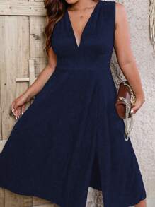 Celure 大碼深V領高衩洋裝 - 藏蓝色 - 查看 5