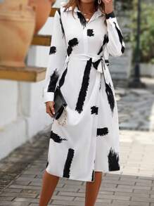 SHEIN LUNE Brush Print Knot Side Wrap Hem Shirt Dress - White - View 5