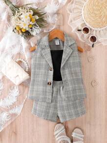 嬰兒格紋印花西裝外套和吊帶背心和短褲
