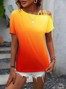 SHEIN LUNE 渐变色镂空不对称领口 T 恤图案 T 恤女式上衣 - 橘色 - 查看 5