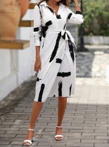 SHEIN LUNE Brush Print Knot Side Wrap Hem Shirt Dress - White - View 6