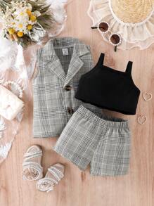 嬰兒格紋印花西裝外套和吊帶背心和短褲