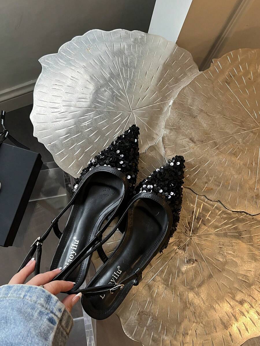 Women's Pointy Toe Glitter Slip-On Flat Mules