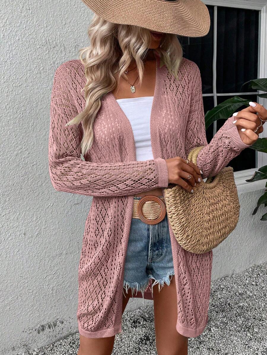 SHEIN LUNE Áo len cardigan thả vai Pointelle - Hồng - Xem 1