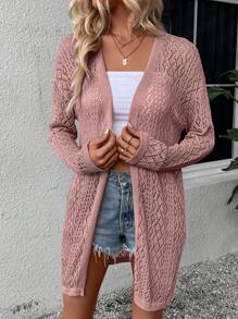 SHEIN LUNE Áo len cardigan thả vai Pointelle - Hồng - Xem 5