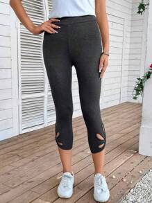 EMERY ROSE 鏤空扭結下擺七分緊身打底褲 - 深灰色 - 查看 5