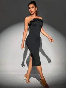 SHEIN BAE Solid Frill Trim Tube Bodycon Dress - Black - View 4