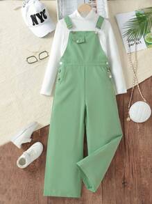 SHEIN Chica preadolescente Camiseta unicolor & con diseño de botón Mono overol - Verde militar - Ver 1