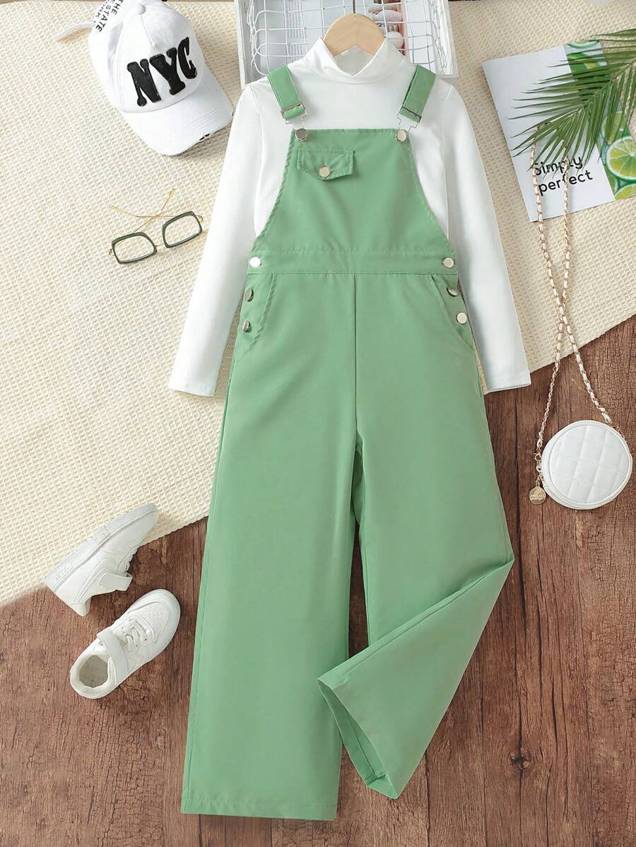 SHEIN Chica preadolescente Camiseta unicolor & con diseño de botón Mono overol - Verde militar - Ver 1