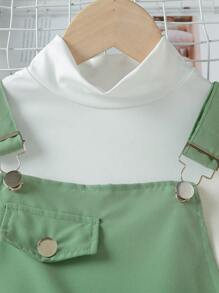 SHEIN Chica preadolescente Camiseta unicolor & con diseño de botón Mono overol - Verde militar - Ver 4