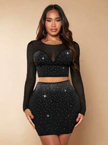SHEIN SXY 水鑽嵌入網紗短款上衣&包臀半身裙 - 黑色 - 查看 1