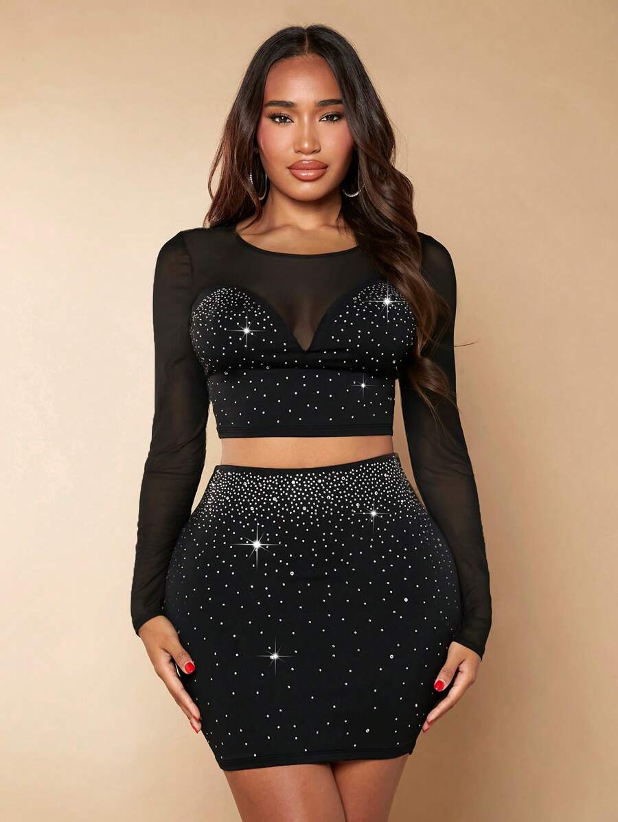 SHEIN SXY 水鑽嵌入網紗短款上衣&包臀半身裙 - 黑色 - 查看 1