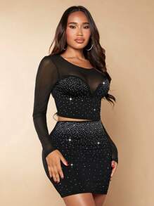 SHEIN SXY 水鑽嵌入網紗短款上衣&包臀半身裙 - 黑色 - 查看 6