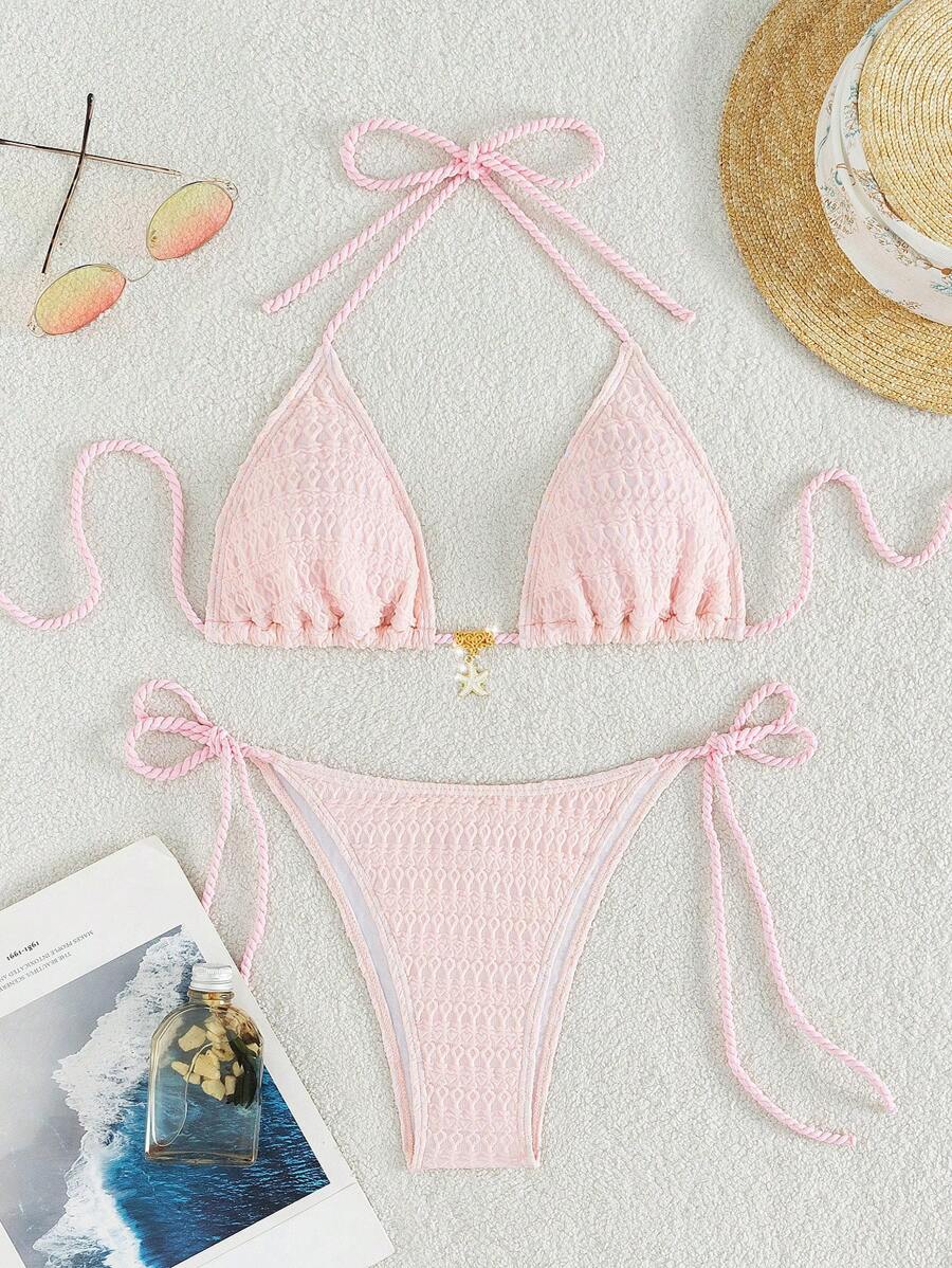 三角領系帶連身泳裝套裝 - 淺粉色 - 查看 1