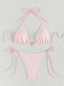 三角領系帶連身泳裝套裝 - 淺粉色 - 查看 4