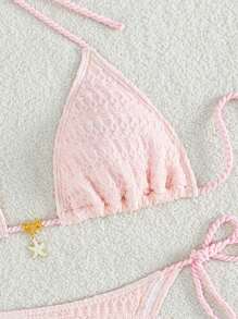 三角領系帶連身泳裝套裝 - 淺粉色 - 查看 5