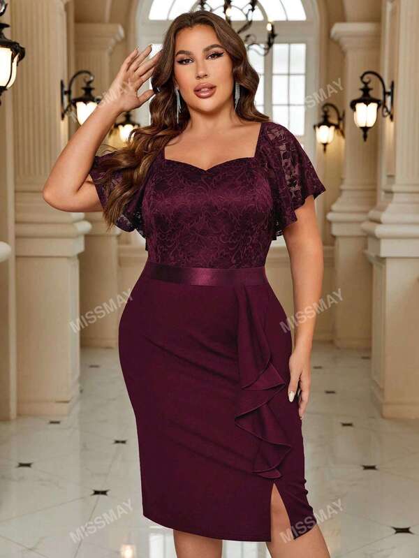 Plus rochie elegantă cu mânecă tip fluture, cu mâneci fluture, cu dantelă, cu volane, pentru petrecere de seară