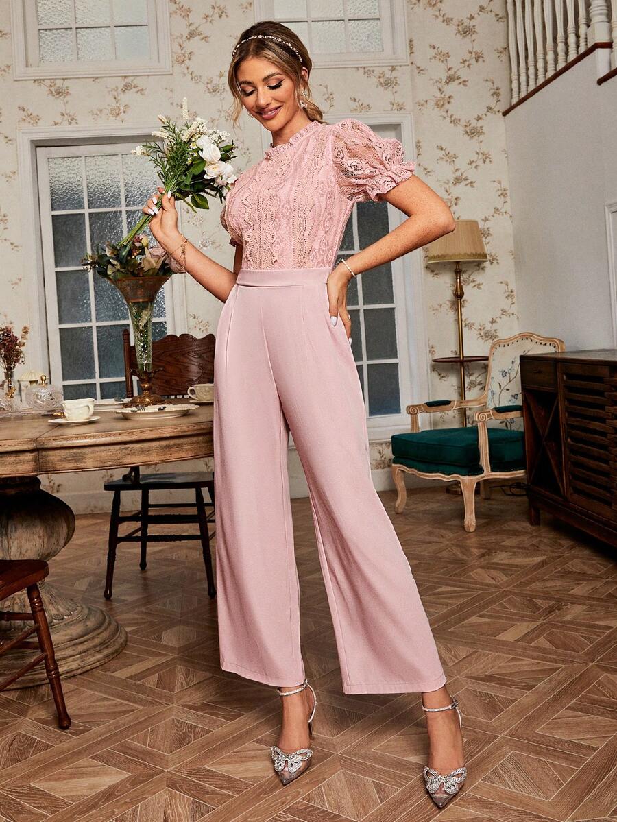 Simplee Contrast Lace Puff Sleeve Mock Neck Jumpsuit - Pink - View 1