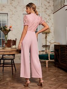 Simplee Contrast Lace Puff Sleeve Mock Neck Jumpsuit - Pink - View 2