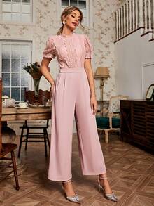 Simplee Contrast Lace Puff Sleeve Mock Neck Jumpsuit - Pink - View 3