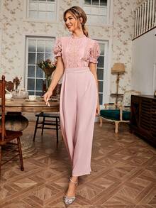 Simplee Contrast Lace Puff Sleeve Mock Neck Jumpsuit - Pink - View 4