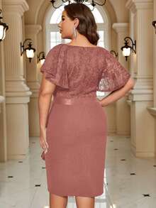 Plus Elegant Sweetheart Neck Butterfly Sleeve Contrast Lace Ruffle Trim Evening Party Bodycon Dress - Dusty Pink - View 2