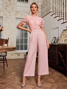 Simplee Contrast Lace Puff Sleeve Mock Neck Jumpsuit - Pink - View 5