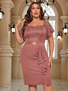 Plus Elegant Sweetheart Neck Butterfly Sleeve Contrast Lace Ruffle Trim Evening Party Bodycon Dress - Dusty Pink - View 3