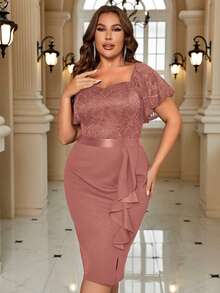 Plus Elegant Sweetheart Neck Butterfly Sleeve Contrast Lace Ruffle Trim Evening Party Bodycon Dress - Dusty Pink - View 4