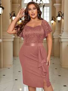 Plus Elegant Sweetheart Neck Butterfly Sleeve Contrast Lace Ruffle Trim Evening Party Bodycon Dress - Dusty Pink - View 1