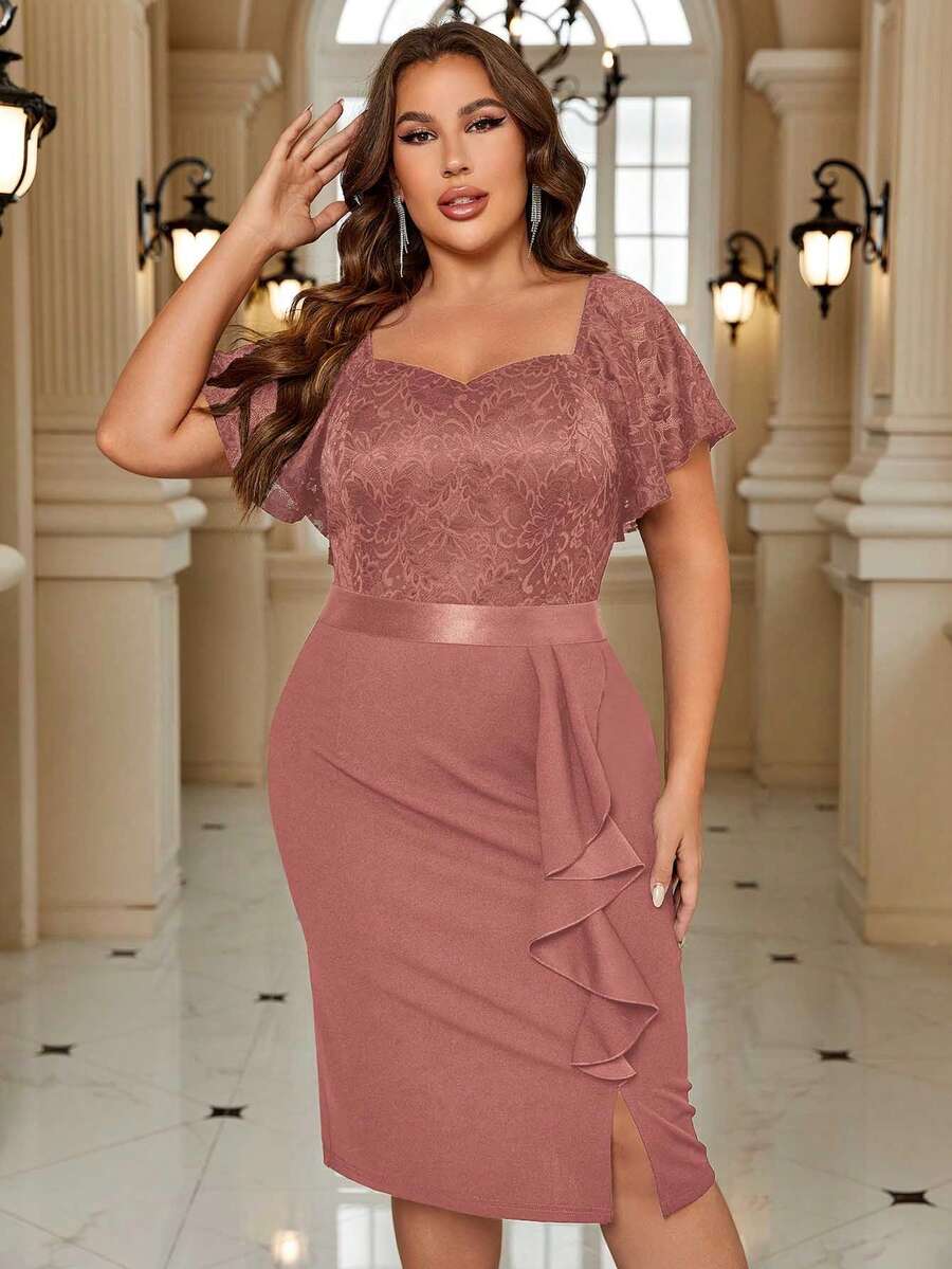 Plus Elegant Sweetheart Neck Butterfly Sleeve Contrast Lace Ruffle Trim Evening Party Bodycon Dress - Dusty Pink - View 1