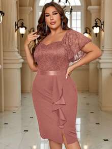 Plus Elegant Sweetheart Neck Butterfly Sleeve Contrast Lace Ruffle Trim Evening Party Bodycon Dress - Dusty Pink - View 6
