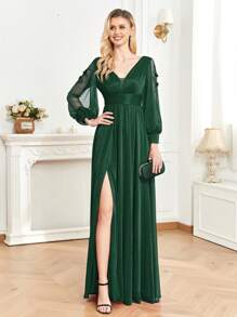 XUIBOL Vestito da festa appliques inserto in rete a fessura alta - Verde militare - Visualizzare 2