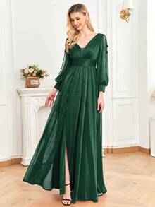 XUIBOL Vestito da festa appliques inserto in rete a fessura alta - Verde militare - Visualizzare 5