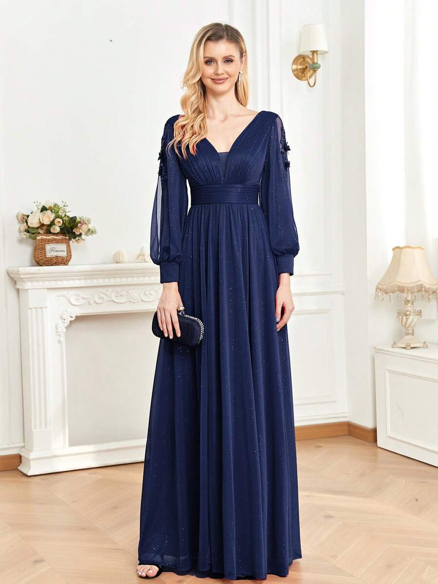 XUIBOL V Neck Lantern Sleeve Party Dress