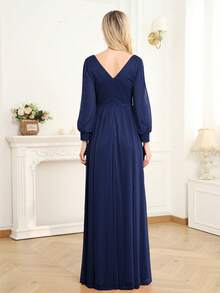 XUIBOL V Neck Lantern Sleeve Party Dress - Navy Blue - View 3