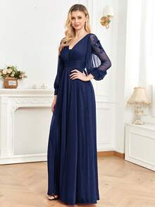 XUIBOL V Neck Lantern Sleeve Party Dress - Navy Blue - View 4