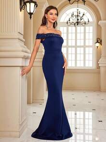 XUIBOL Off Shoulder Rhinestone Detail Mermaid Hem Party Dress - Navy Blue - View 5