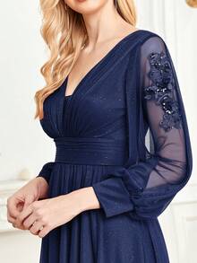 XUIBOL V Neck Lantern Sleeve Party Dress - Navy Blue - View 5