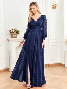 XUIBOL V Neck Lantern Sleeve Party Dress - Navy Blue - View 6