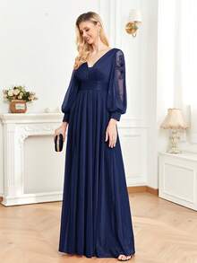 XUIBOL V Neck Lantern Sleeve Party Dress - Navy Blue - View 7
