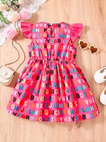 SHEIN 女小童字母圖案荷葉邊後鎖孔連衣裙 - 玫紅色 - 查看 2