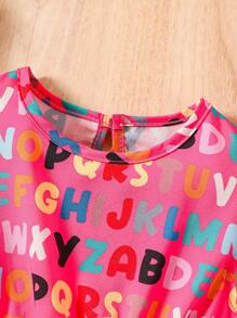 SHEIN 女小童字母圖案荷葉邊後鎖孔連衣裙 - 玫紅色 - 查看 4