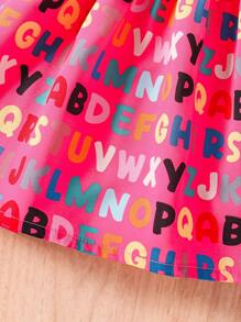 SHEIN 女小童字母圖案荷葉邊後鎖孔連衣裙 - 玫紅色 - 查看 5