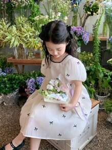 女小童蝴蝶結圖案泡泡袖連衣裙 - 白色 - 查看 5