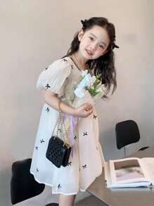 女小童蝴蝶結圖案泡泡袖連衣裙 - 白色 - 查看 6