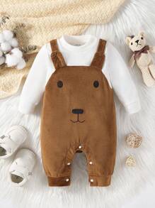 SHEIN 女嬰熊設計假兩件連身褲適用於秋天和冬天 - 彩色 - 查看 1